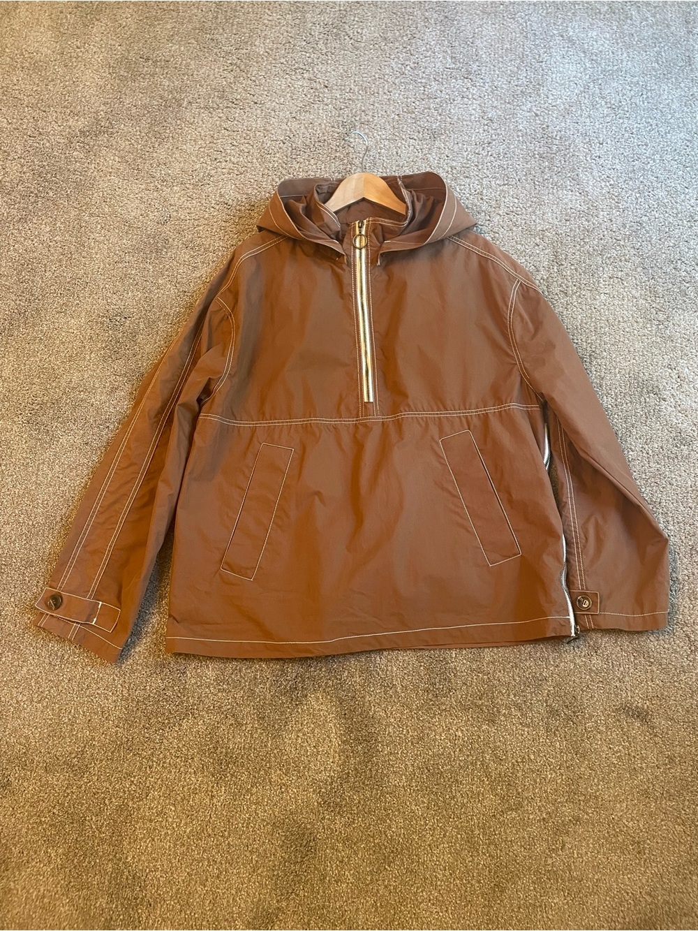 Zara Mens Caramel Brown Hooded Contrast Stitch Pullover Anorak Jacket Size L/XL